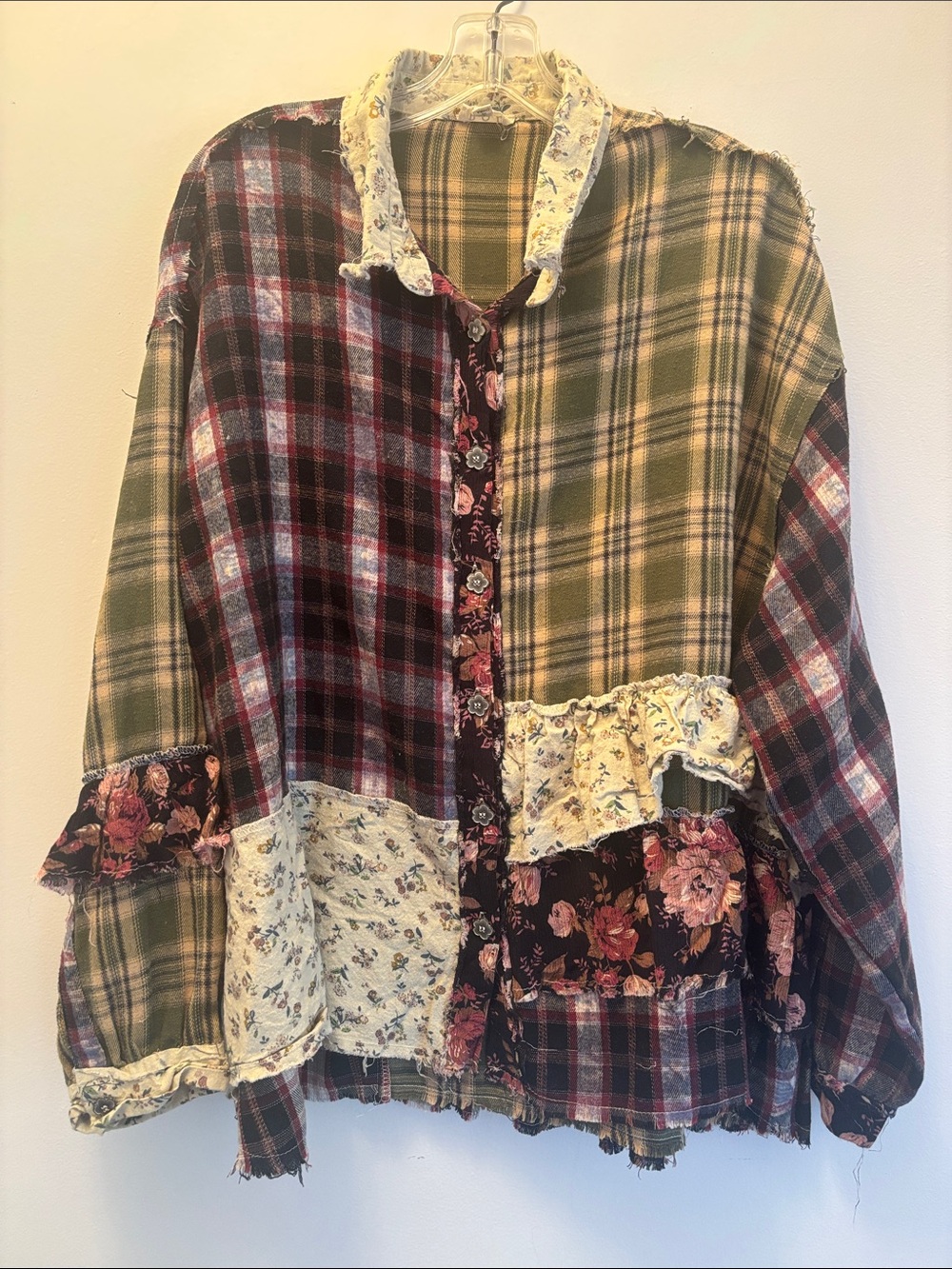 POL | Patchwork Plaid & Floral Jean Jacket in Olive, Burgundy, Cream Sz L